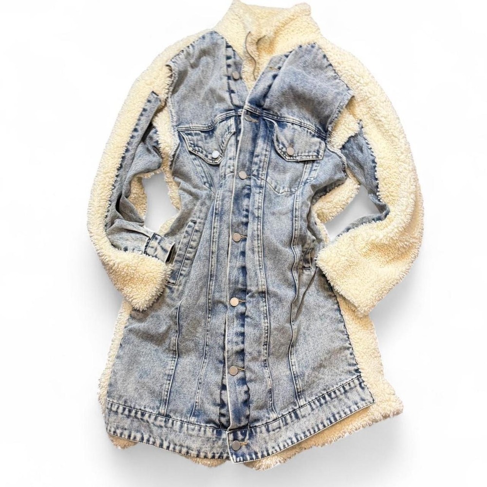 BLANKNYC Bear Hug Longline Denim Sherpa Jacket, Women's Size S